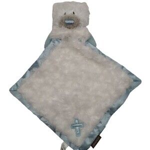 DEMDACO White Guardian Bear Blankie Cross Blue Trim Security Rattle Blanket